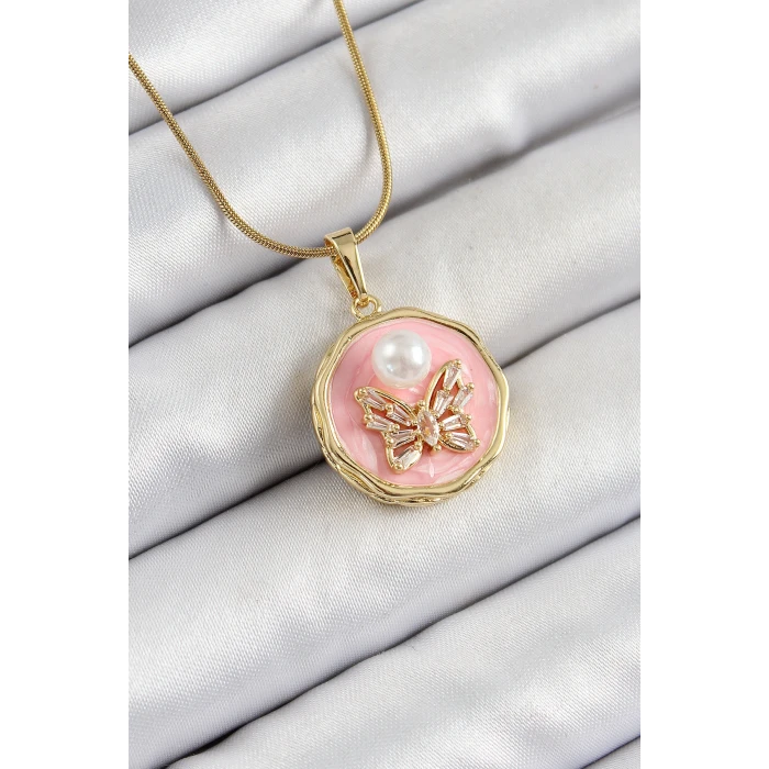316L Çelik Zincir Zirkon Taşlı Pembe Sanatsal Portre İnci Detaylı Kelebek Model Gold Renk Kadın Kolye - TJ-BKO10276