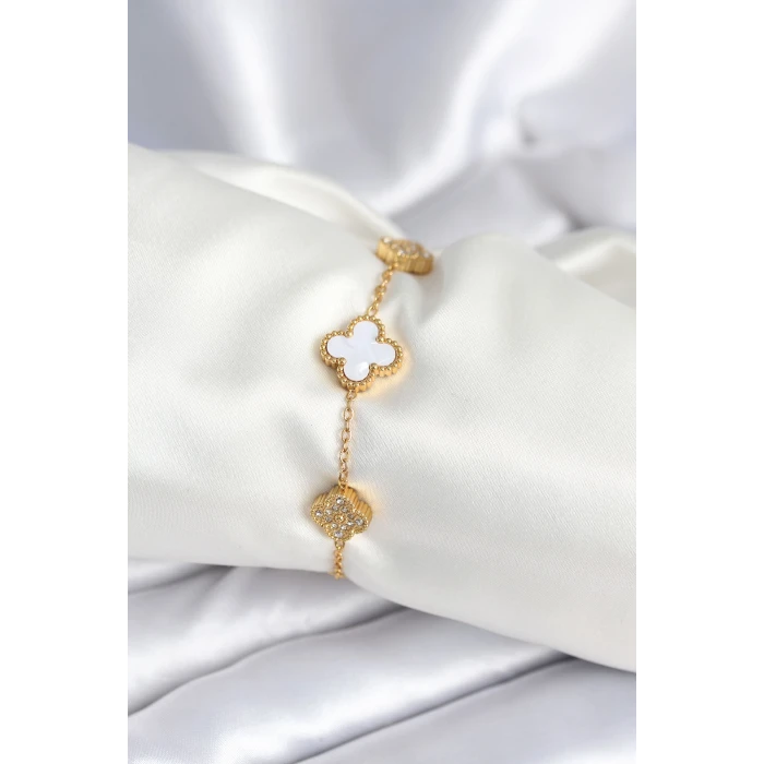 316L Çelik Zincir Zirkon Taşlı Yonca Beyaz Kadın Bileklik - TJ-BB7977