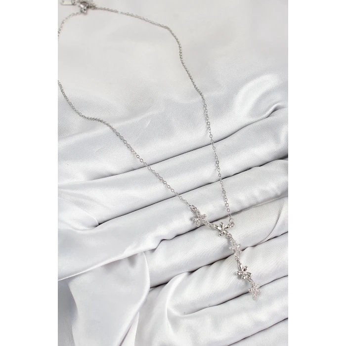 316L Çelik Zirkon Taşlı Çiçek Model Gümüş Renk Kadın Kolye