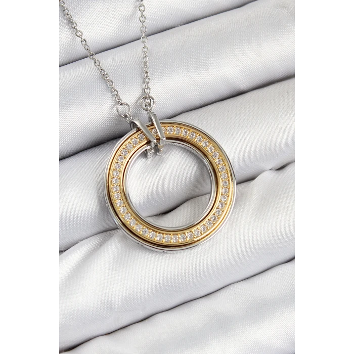 316L Çelik Zirkon Taşlı Dönen Daire Model Gold Ve Gümüş Renk Kadın Kolye - TJ-BKO10479