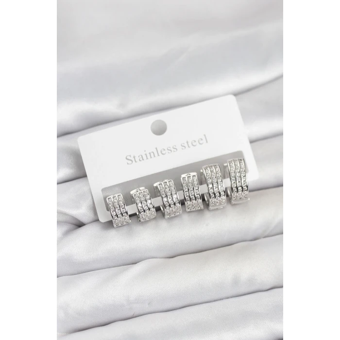 316L Çelik Zirkon Taşlı Gümüş Renk Halka Küpe Seti - TJ-BKP11519