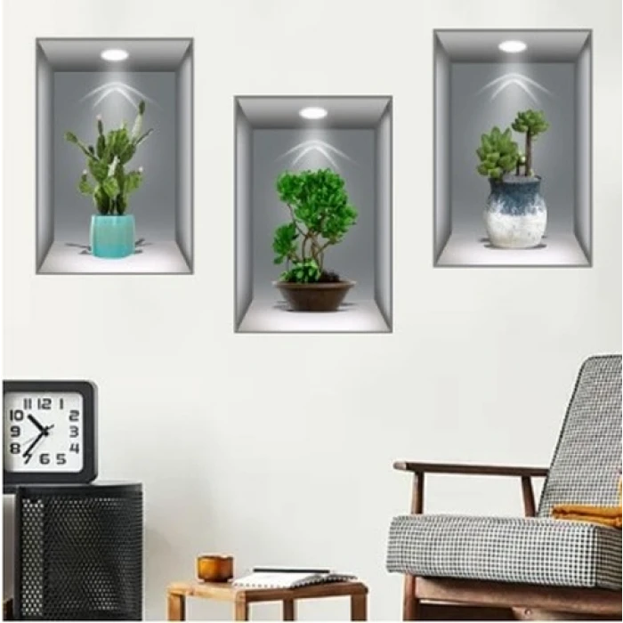 3d Çiçek Vazo Duvar Sticker 3 Lü Set Gri Fon