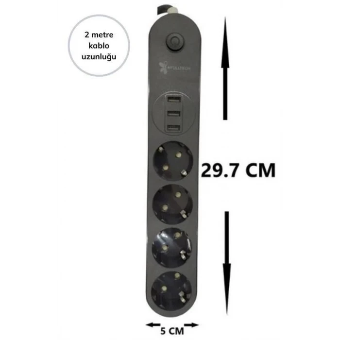 4lü Siyah Anahtarlı 3 Usb Li Akım Korumalı Topraklı Çocuk Korumalı Grup Priz 2 Metre