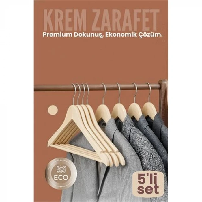 5li Lüks Krem Elbise Ceket Askısı - Ergonomik & Kaymaz Plastik Askı Seti -  Ahşap Görünümlü