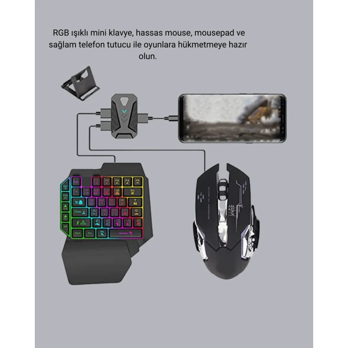 5in1 Mobil Oyun Kiti Bluetooth 5.3 Mini RGB Klavye Mouse Dönüştürücü Seti