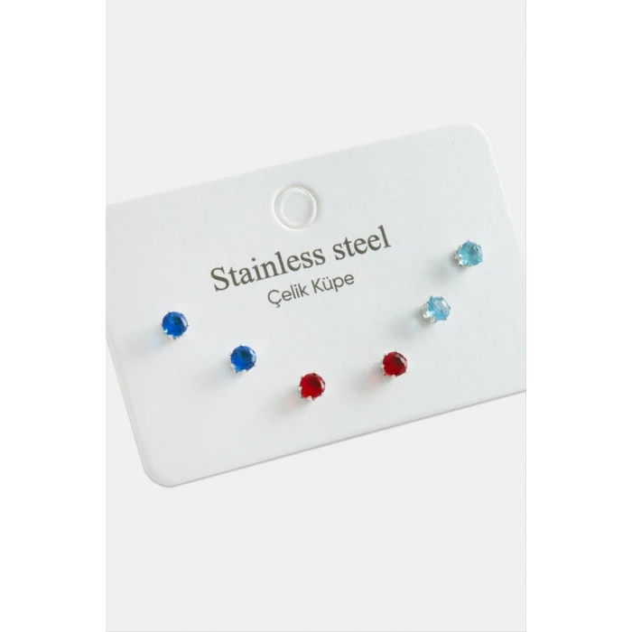 6 Adet Yuvarlak Zirkon Tek Taşlı Çelik Küpe