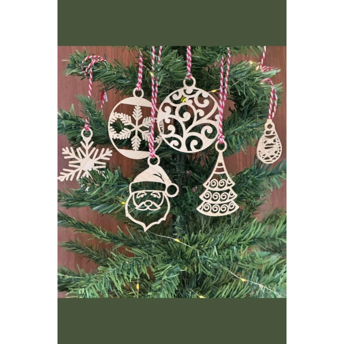 6 Parça Kırmızı Beyaz İpli Noel Babalı ve Kar Tanesi Model Ahşap Yılbaşı Ağaç Süsü