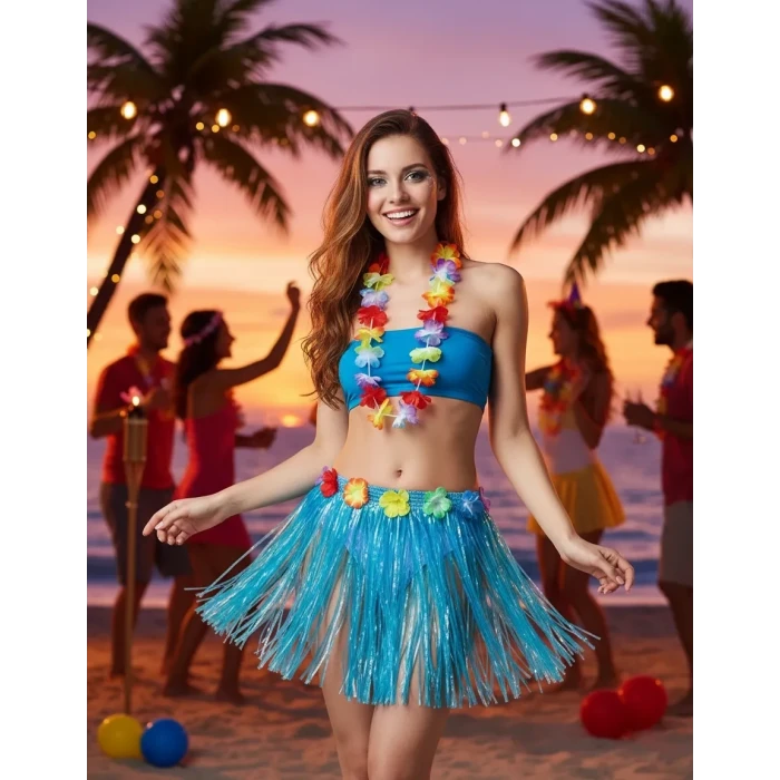 ieg™ Yetişkin ve Çocuk Uyumlu Mavi Renk Püsküllü Hawaii Luau Hula Etek 40 cm