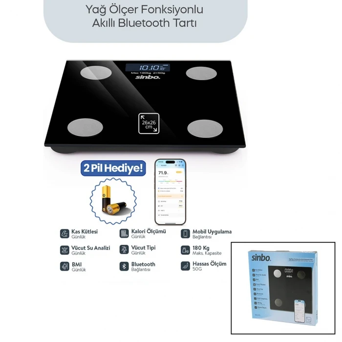 Siyah Yağ Ölçer Akıllı Bluetooth Cam Baskül Pilli 180kg/50gr 26x26cm 8-kişi Hafıza Lcd Ekran ℃ Gösterge Sbs-4470