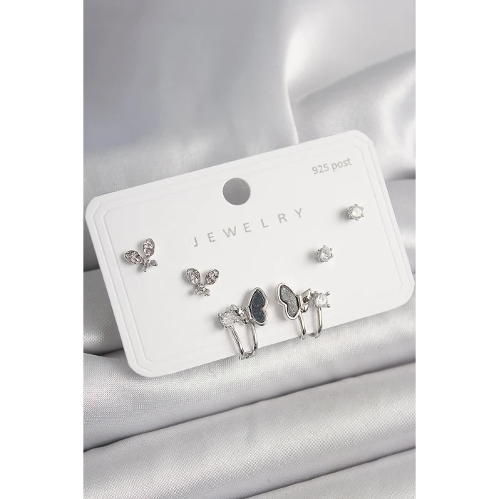 925 Ayar Gümüş Çivi Pirinç Gümüş Renk Zirkon Taşlı Kelebek Model Kadın Küpe Seti