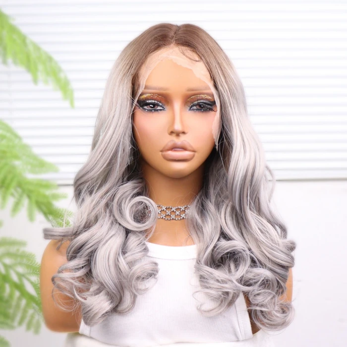 Açık Kumral Gri Ombreli Bebek Saçlı Geniş Dalgalı Fiber Sentetik Tül Peruk