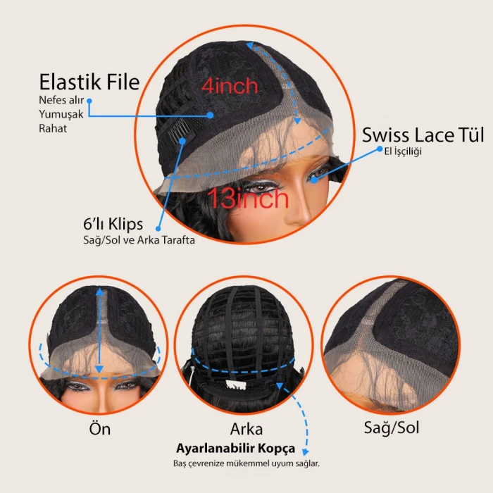 Afro Dalga Koyu Kızıl Fiber Sentetik T Tül Peruk