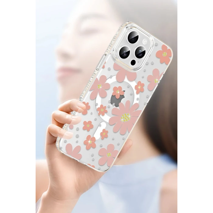 Apple iPhone 16 Pro Max Floral Magsafe Kapak - Beyaz
