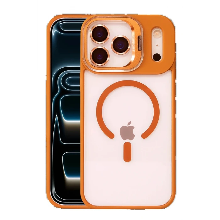 Apple iPhone 17 Pro Max Remim Lensli Magsafe Standlı Kapak - Turuncu
