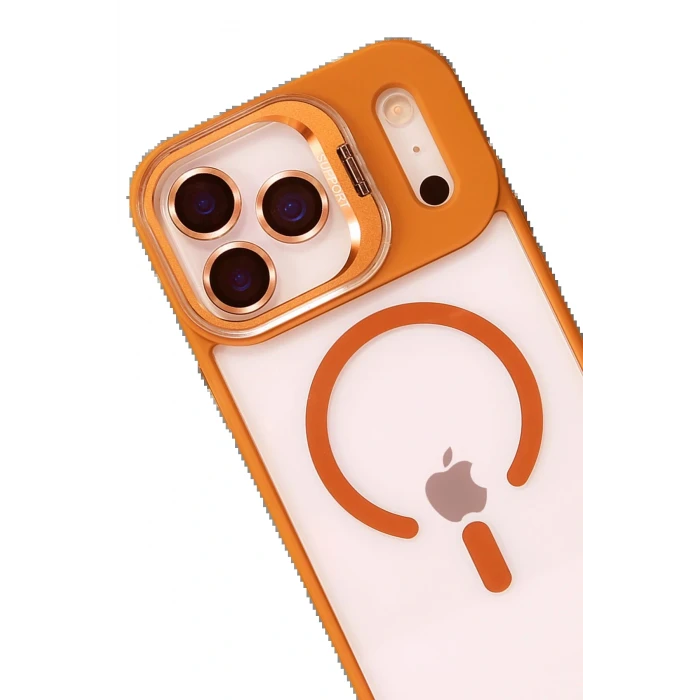 Apple iPhone 17 Pro Max Remim Lensli Magsafe Standlı Kapak - Turuncu