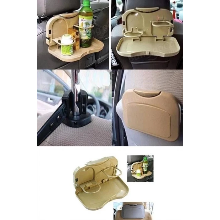 Araç İçi Koltuk Arkası Katlanabilir Bardak Tutuculu Bej Tepsi