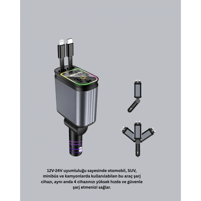 Araç Şarj Adaptörü 66w Pd Qc Hızlı Şarjlı Ve Çekilebilir Kablolu