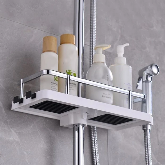 Banyo Direğine Asılabilir Köşelik Şampuanlık Sabunluk Çift Askılı Düzenleyici Raf Paslanmaz (K95)