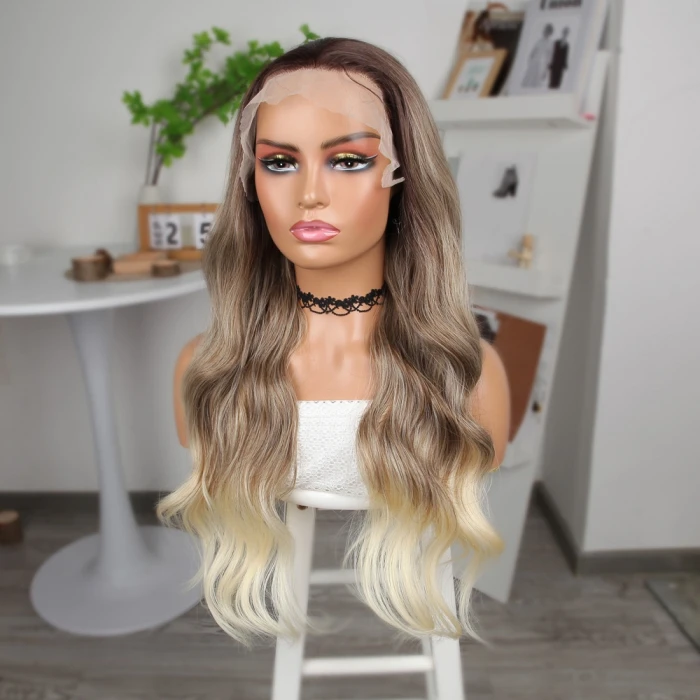 Bebek Kumralı Platin Ombre  ve Röfleli Fiber Sentetik Geniş Dalgalı Tül Peruk