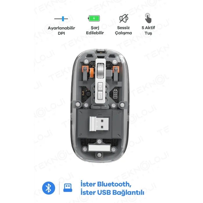 Bluetooth USB Çift Modlu Sessiz Mouse, Şeffaf Mıknatıslı Kapaklı, TypeC Şarjlı, DPI Ayarlı, Kablosuz 10m Çekim Mesafeli, Masaüstü Kısayol Tuşlu, Taşınabilir Şarjlı Mouse Siyah