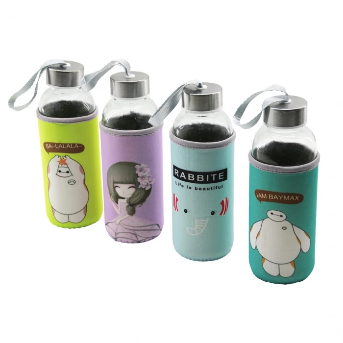 CAM ŞİŞE  MATARA SULUK  RESİMLİ BEZ KILIFLI - TAŞIMA İPLİ   420ML   KROM KAPLAMA PLS.KAPAK (K95)