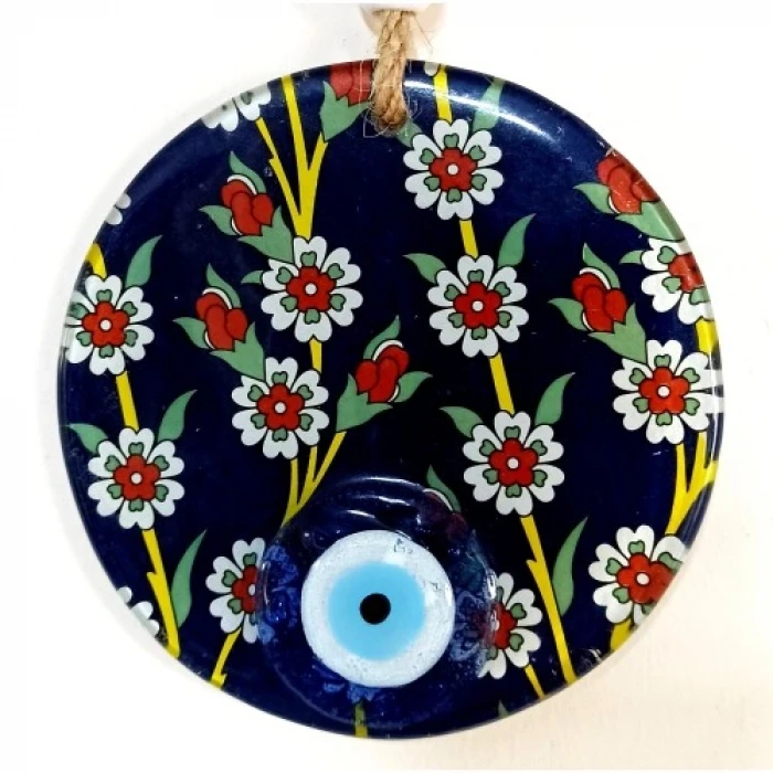 Çiçek Desenli Lacivert Nazar Boncuklu Füzyon Cam Duvar Süsü