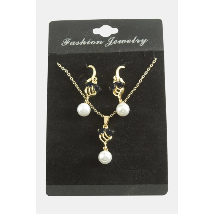 Çiçek İnci Zirkon Taşlı Set Kolye