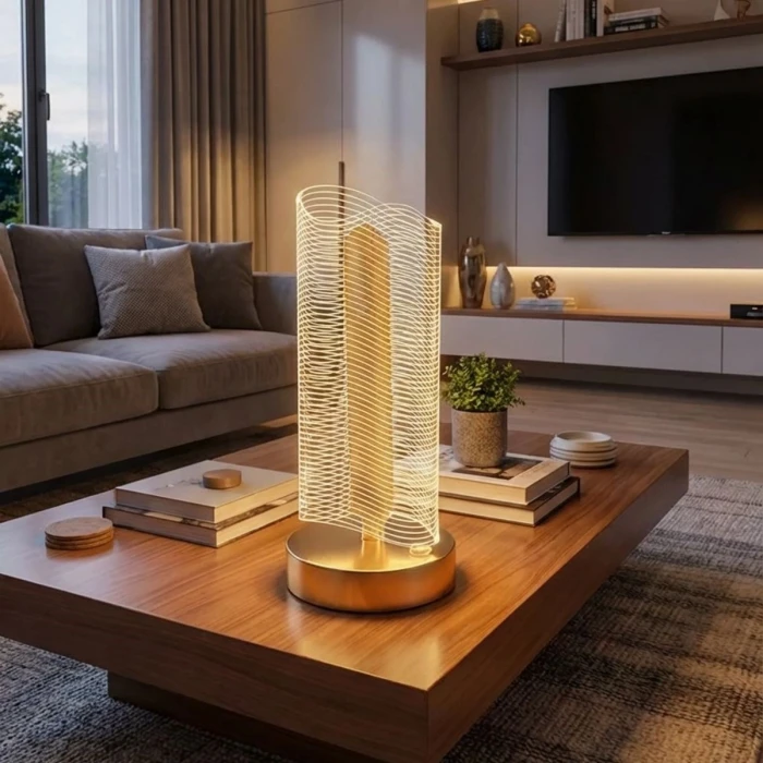 Dalgalı Silindirik Kristal Çizgili Model Led Masa Lambası – Gold Tabanlı, Dokunmatik, 3 Renk Işık Modlu, Şarjlı Modern Dekoratif Gece Lambası