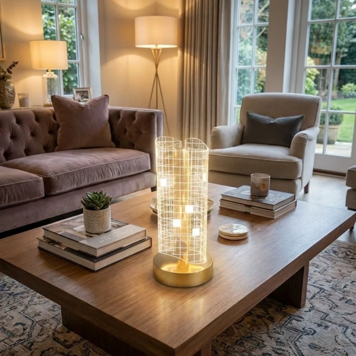Dalgalı Silindirik Kristal Kareli Model Led Masa Lambası – Gold Tabanlı, Dokunmatik, 3 Renk Işık Modlu, Şarjlı Modern Dekoratif Gece Lambası