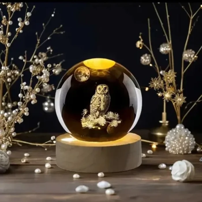 Dekoratif Baykuş Tasarımlı Işıklı Cam Küre