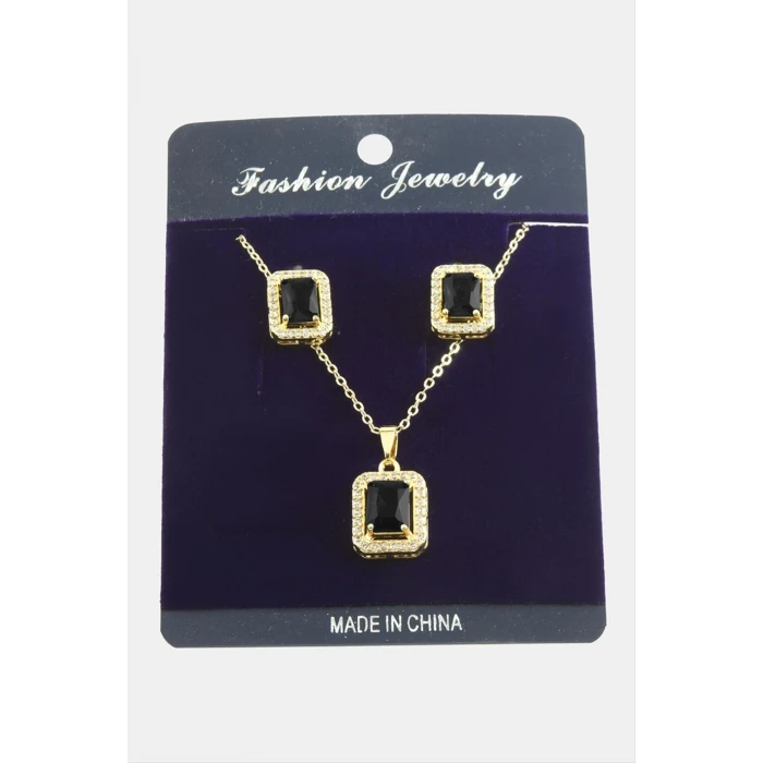 Dikdörtgen Zirkon Taşlı Set Kolye