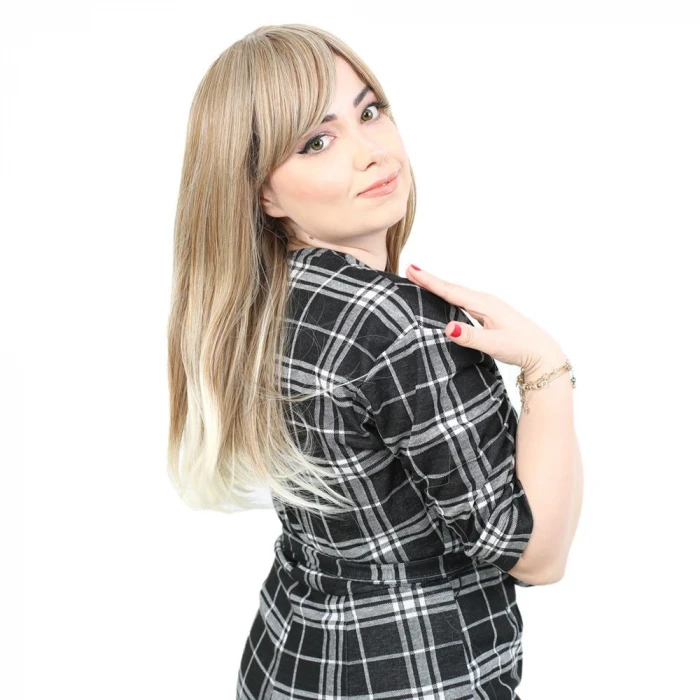 Düz Perçemli Orta Boy Fiber Sentetik Peruk - Karamel / Platin Röfleli