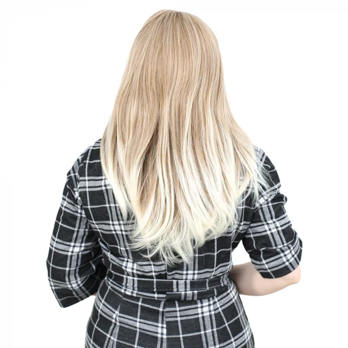 Düz Perçemli Orta Boy Fiber Sentetik Peruk - Karamel / Platin Röfleli