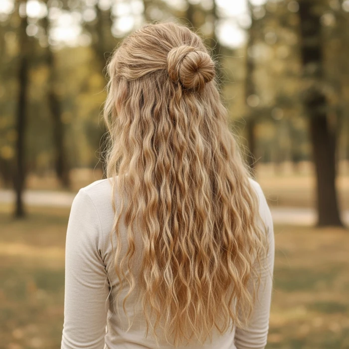 Fiber Sentetik Kabarık Dalgalı Yarım Ay + 2 Yan Çıt Çıt - Karamel Platin Röfleli