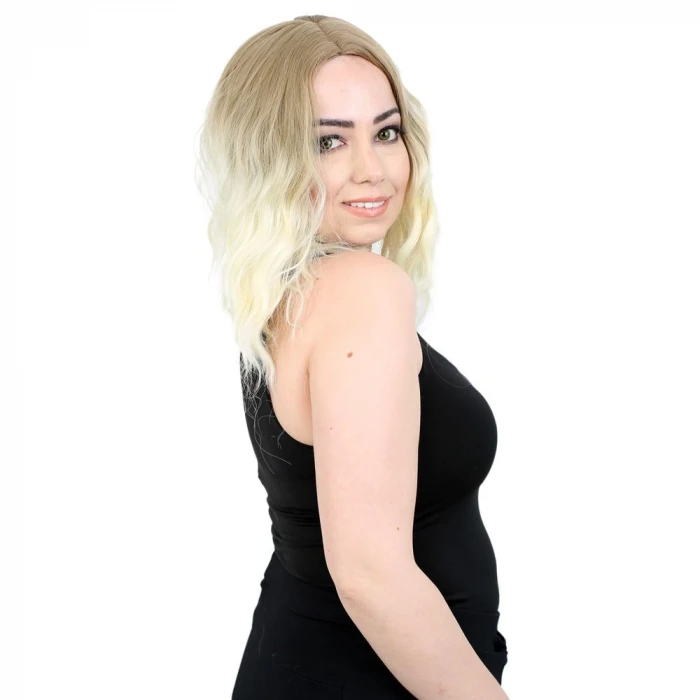 Fiber Sentetik Kısa Dalgalı Perçemsiz Peruk - Küllü Balköpüğü / Platin Ombreli