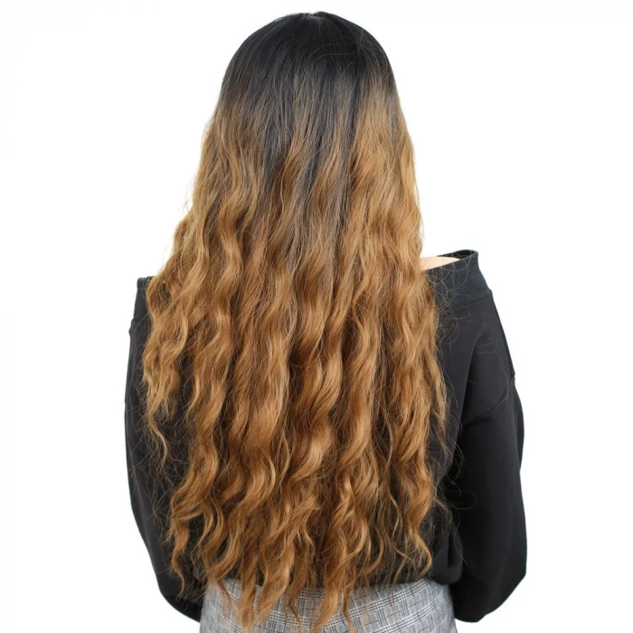 Fiber Sentetik Uzun Su Dalgası Peruk - Siyah / Karamel Ombreli