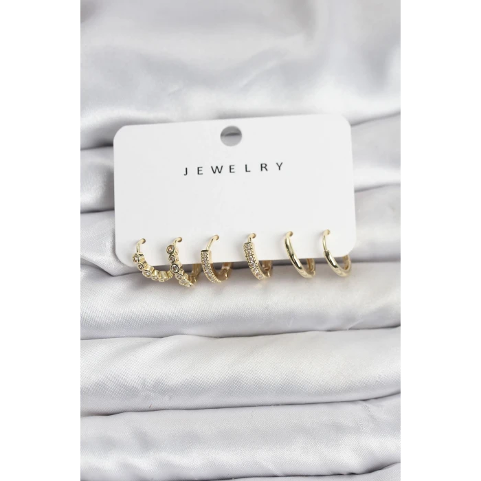 Gold Renk Pirinç Zirkon Taşlı Kadın Küpe Seti - TJ-BKP11477