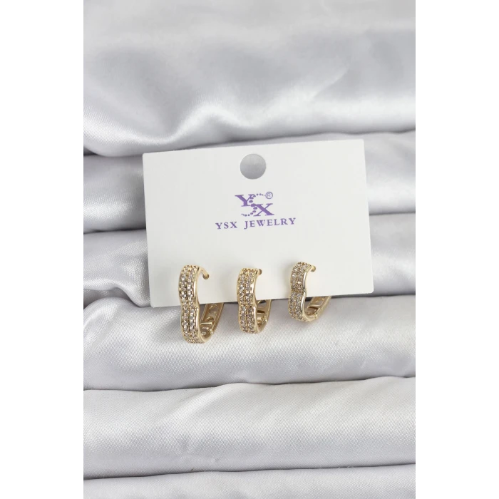 Gold Renk Pirinç Zirkon Taşlı Kalpli Kadın Küpe - TJ-BKP11346