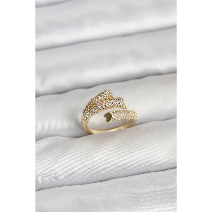 Gold Renk Zirkon Taşlı Pirinç Kadın Yüzük - TJ-BYK3919