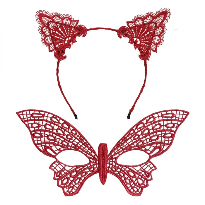 Gösterişli Kırmızı Dantel Maske ve Taç Seti 7 No – Masquerade ve Davetler için (4887)
