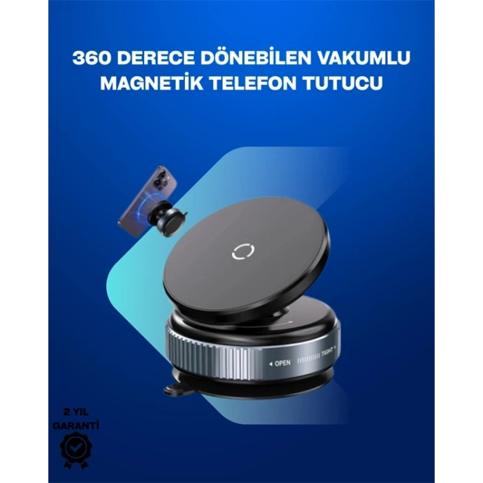Güçlü Manyetik Tutuşlu 360° Döner Araç Telefon Tutucu – Vakumlu Montajlı