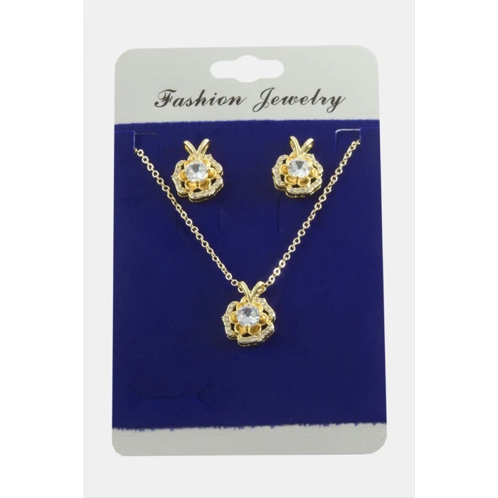 Gül Zirkon Taşlı Set Kolye