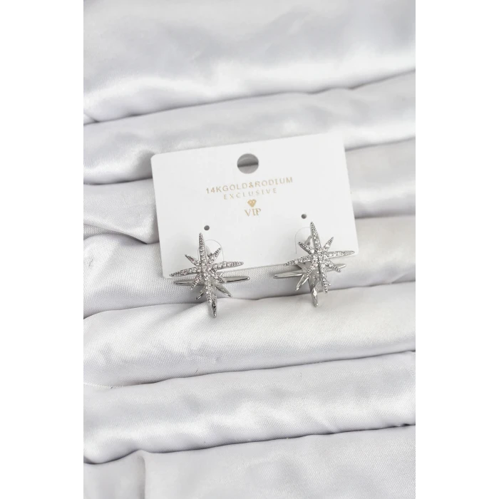 Gümüş Renk Pirinç Çift Taraflı Kutup Yıldızı Kadın Küpe - TJ-BKP11511