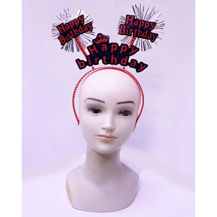 Happy Birthday Yazılı Püsküllü Neon Kırmızı Renk Doğum Günü Tacı 22x19 cm (4887)