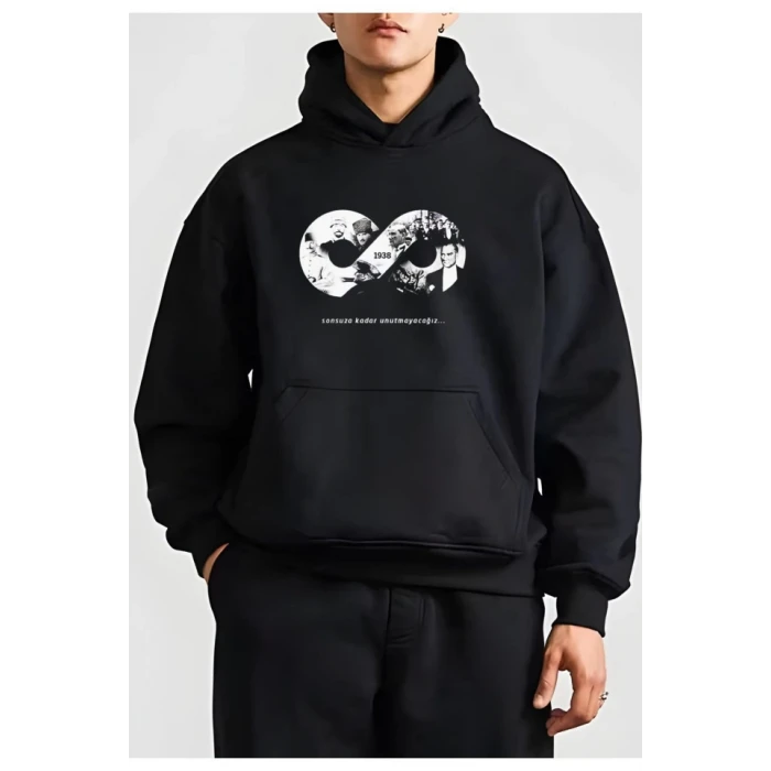 ieg™ 10 Kasıma Özel Üç İplik Kapşonlu Baskılı SweatShirt - Siyah