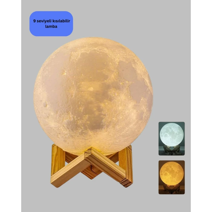 ieg™ 16 Renkli 3D Baskılı Ay Lambası Ahşap Standlı