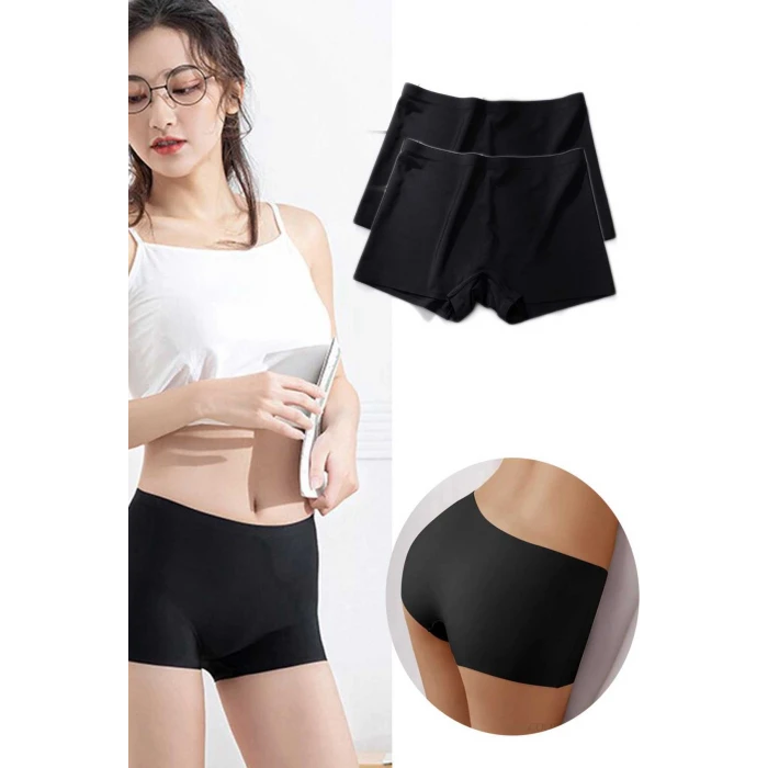 ieg™ 2 Adet Kadın Dikişsiz Görünmez İz Yapmaz Mini Şort Boxer Siyah