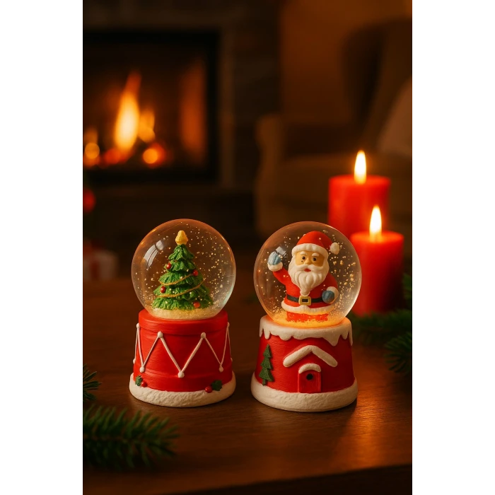 ieg ™ 2 Adet Mini Kar Küresi 6,5 cm – Noel Baba & Çam Ağacı Temalı Dekoratif Yılbaşı Biblo