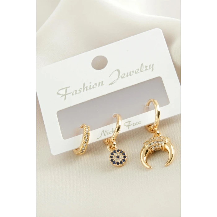 ieg™ 3 Adet Hilal Zirkon Taşlı Küpe