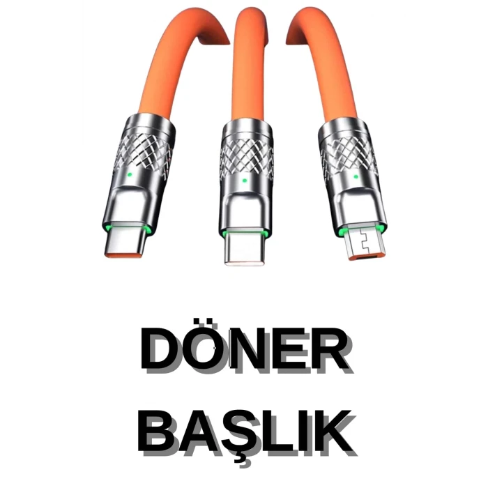 ieg™ 3 İn 1 Süper Hızlı Şarj Kablosu Android ve İOS Uyumlu Silikon Şarj Kablosu